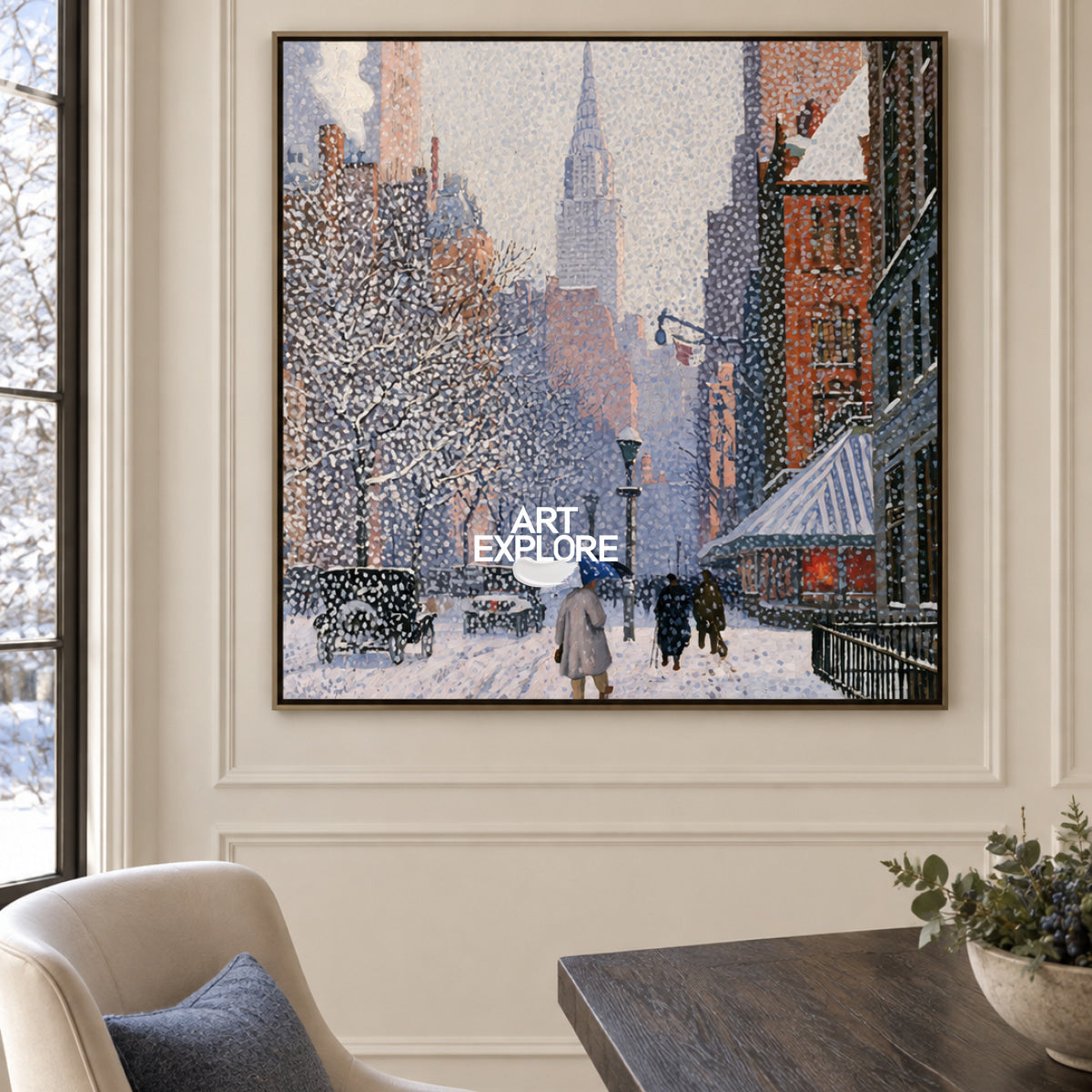 Realistic Winter Cityscape Hand-Painted Canvas Art In Blue And White