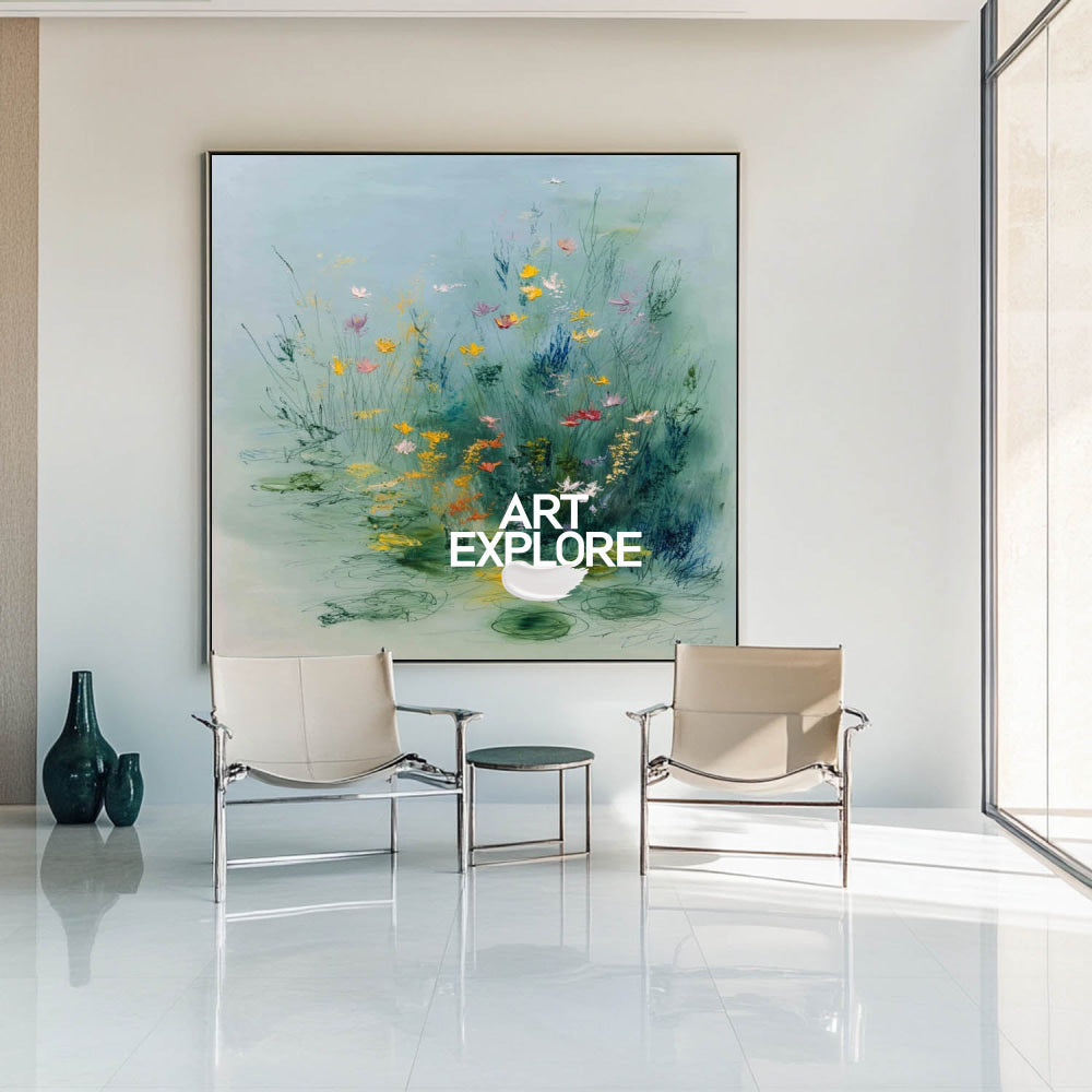 Original Blue Floral Wall Art Decor Custom Hand-Drawn Large Floral Wall Art for Livingroom