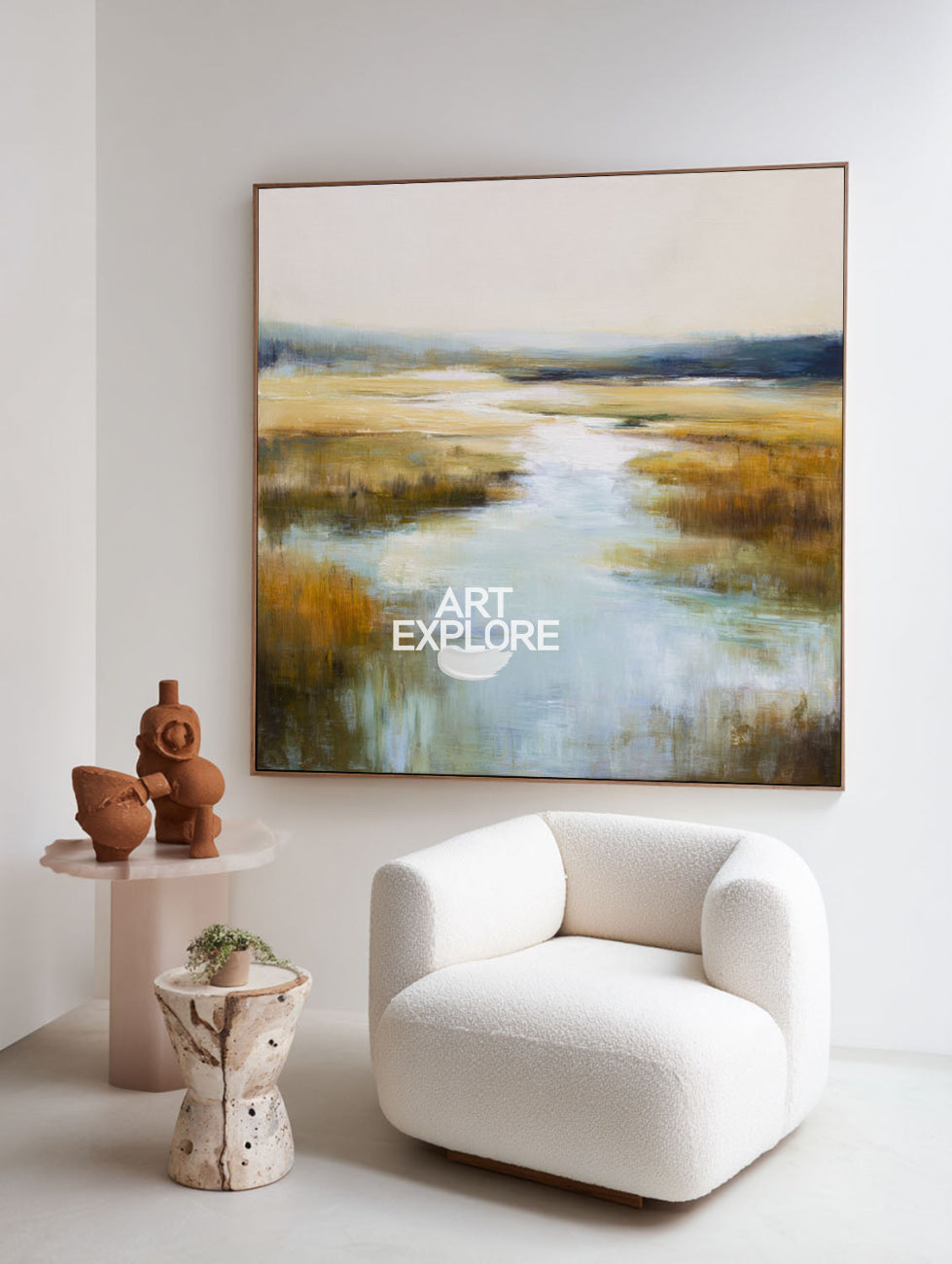 Original Blue River Landscape Art Large Square Textured Handmade Oil | ArtExplore