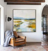 Original Blue River Landscape Art Large Square Textured Handmade Oil Art | ArtExplore