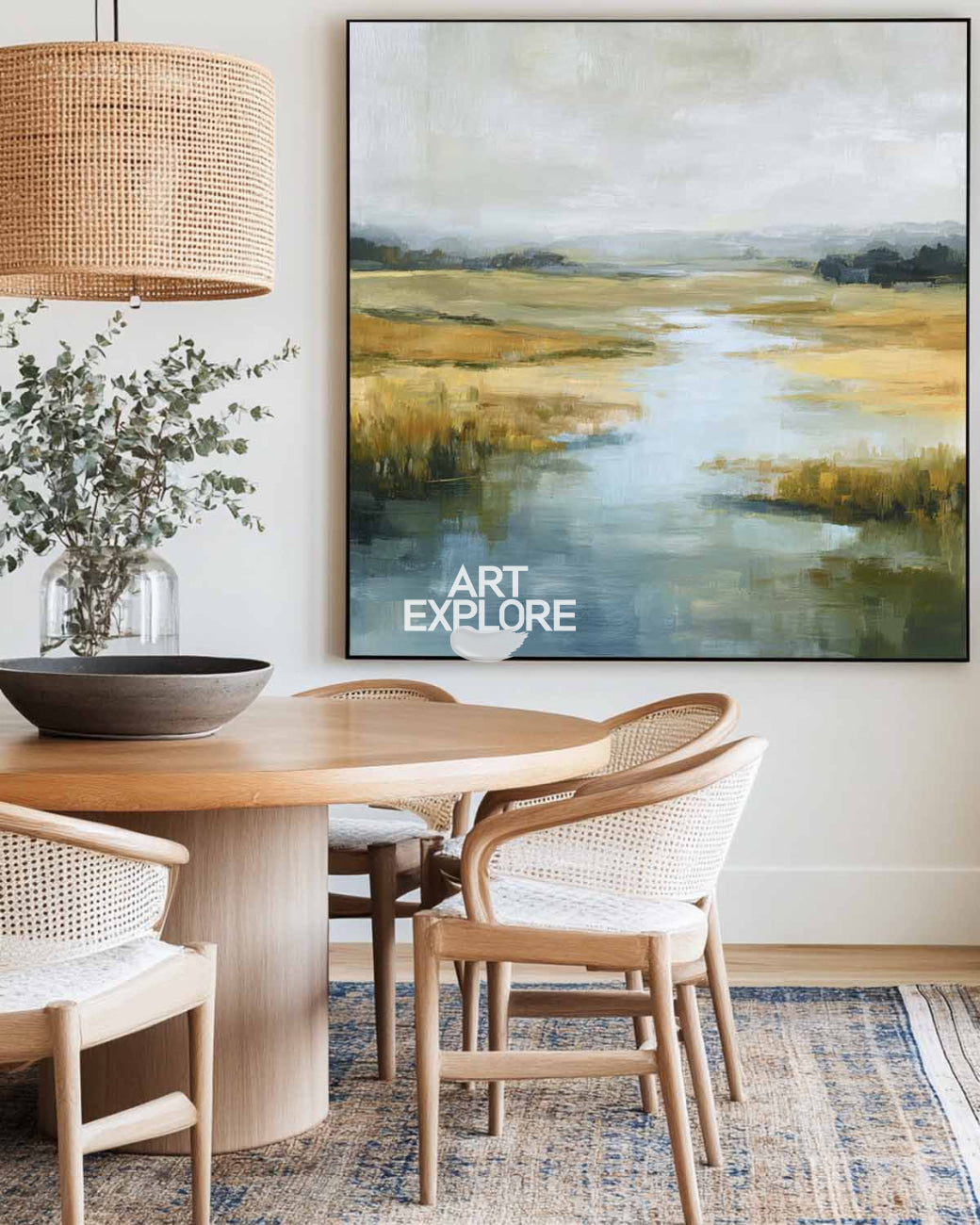 Original Blue River Landscape Art Large Square Textured Handmade Oil Canvas | ArtExplore
