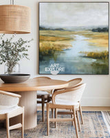 Original Blue River Landscape Art Large Square Textured Handmade Oil Canvas | ArtExplore