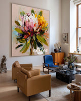 Original Bold Color Lotus Art, Handmade Impasto Floral Canvas for Hotel Lobby ArtExplore