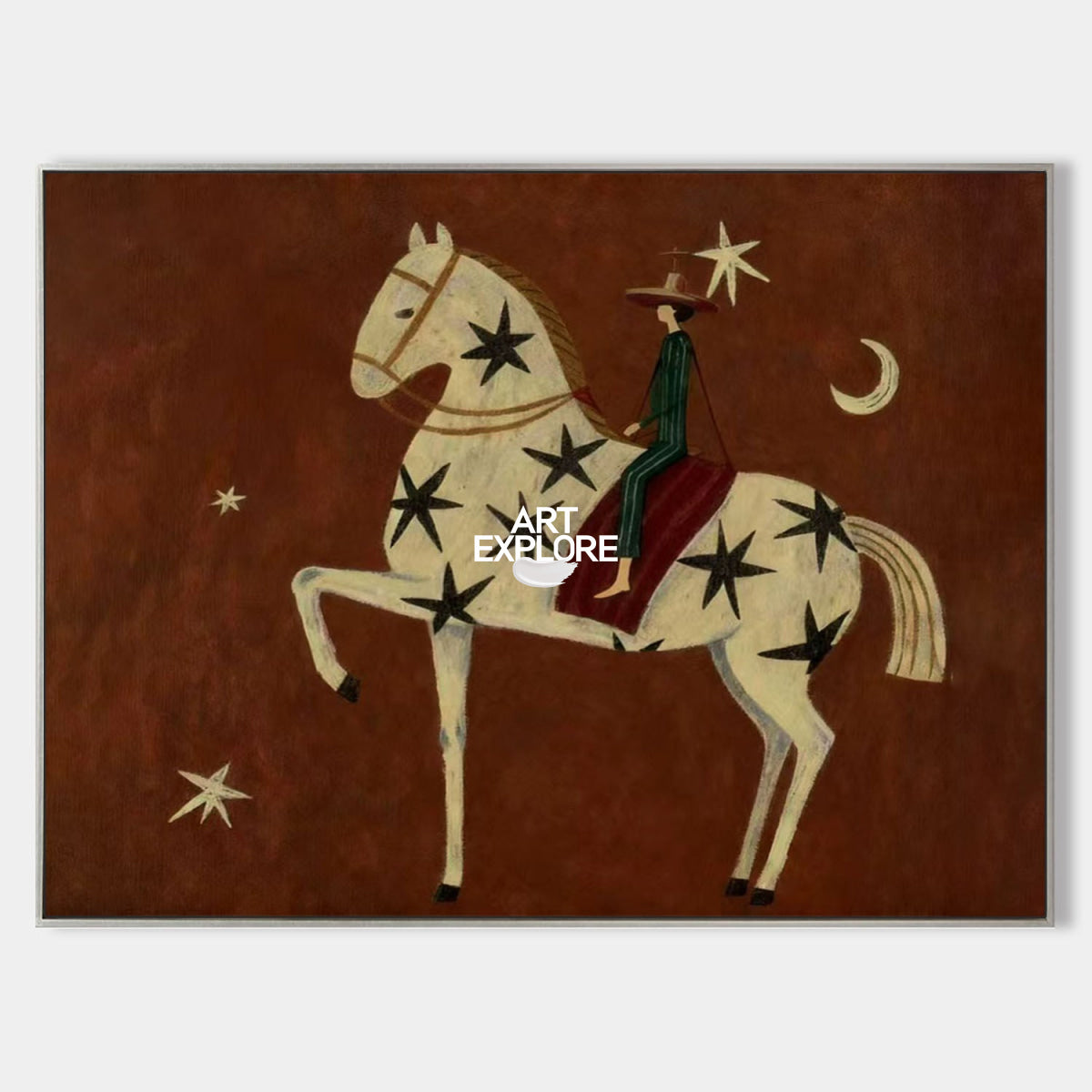 Folk Art Horse Painting With Stars And Moon For Living Room Decor