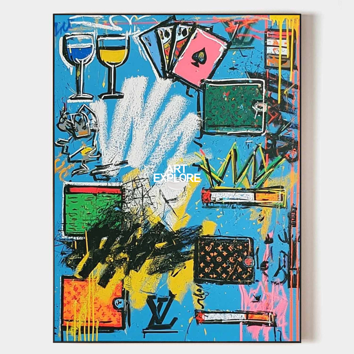 Original Graffiti Abstract Painting With Blue Background For Modern Urban Home Decor