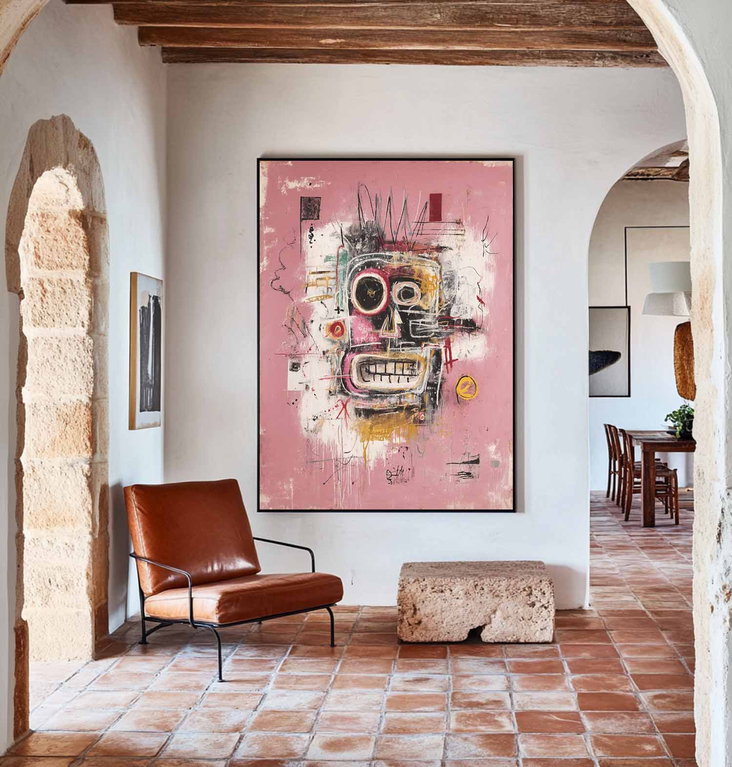 Original Pink Graffiti Paintings Large Basquiat Handcrafted Wall Art Modern Graffiti Art for Door Way