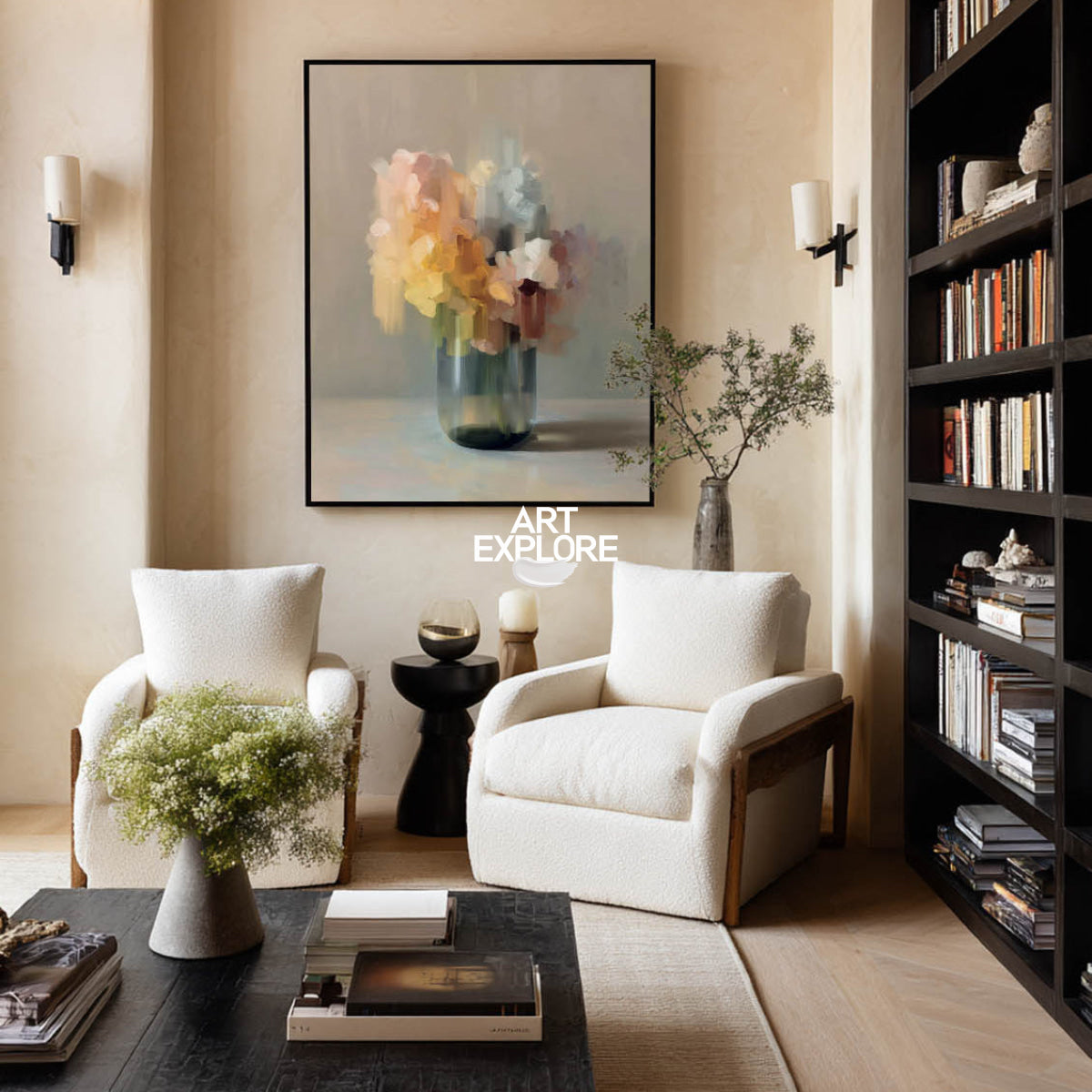 Abstract Floral Painting In Brown Tones For Modern Living Room Decor