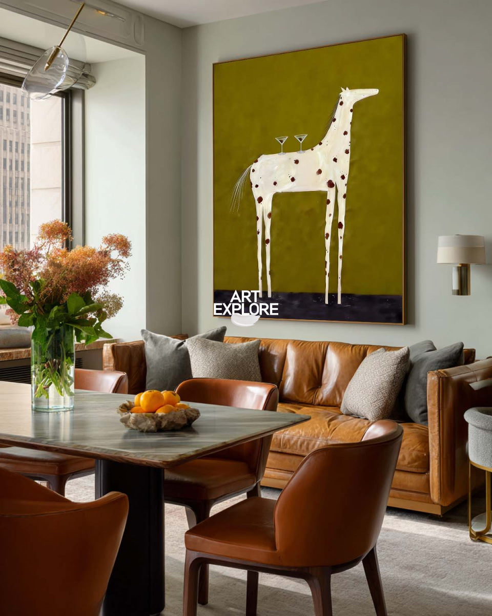 Modern Folk Art Painting Of White Horse With Martini Glasses On Olive Green Canvas