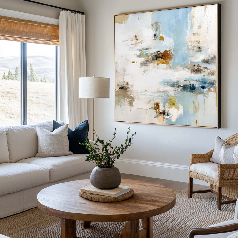 Oversized Blue Landscape Painting – Modern Minimalist Canvas Art for Large Wall Decor