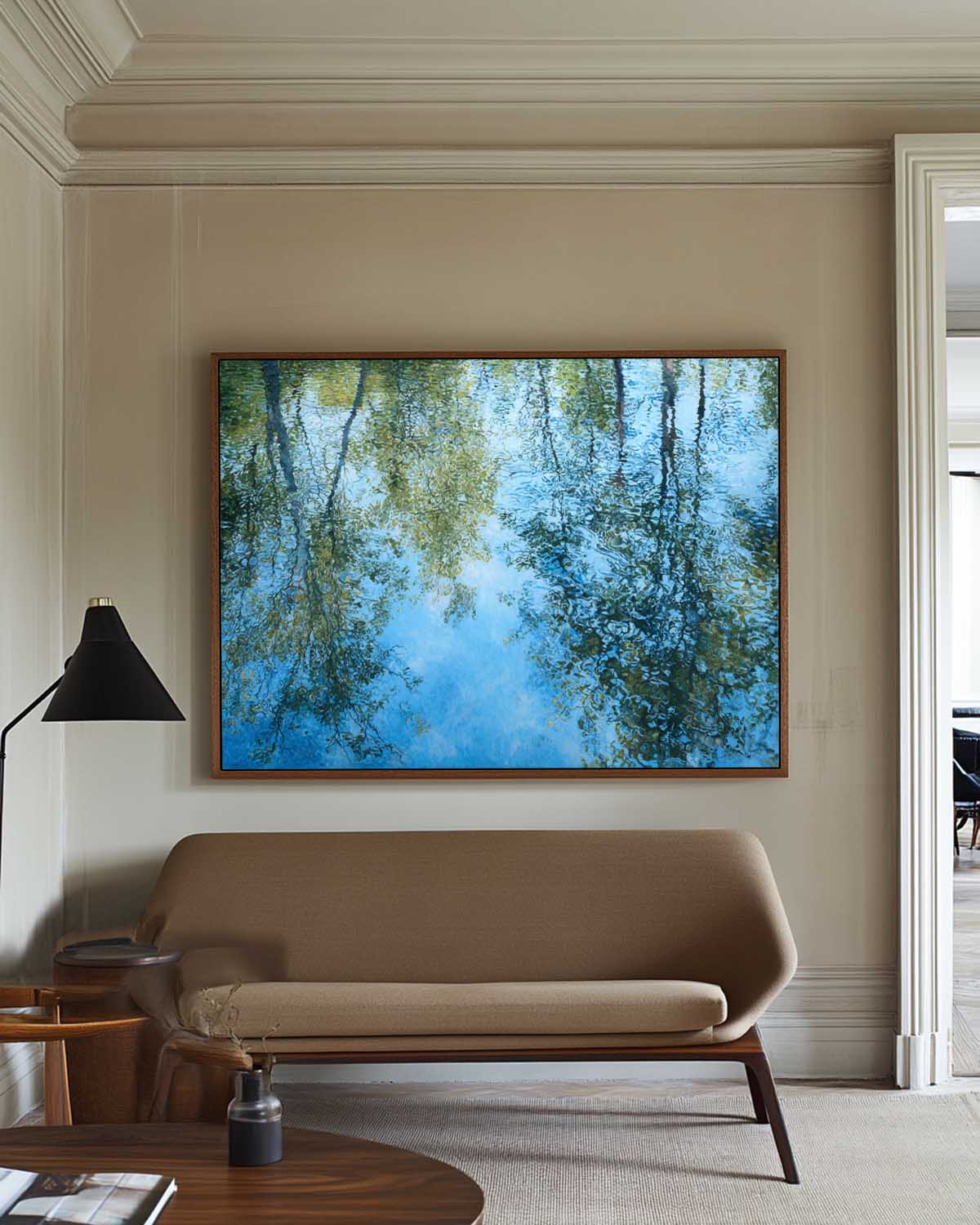 Oversized Blue Textured Reflection Painting – Contemporary Nature Wall Art for Home | ArtExplore