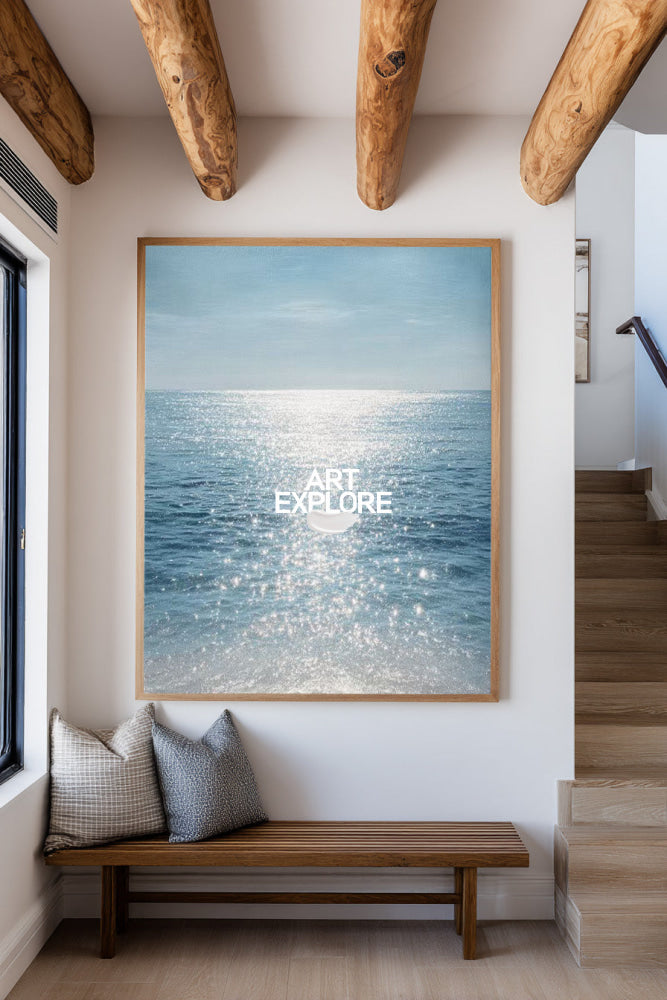 Oversized Blue & White Sea Abstract Painting Large Nature Wall Decor