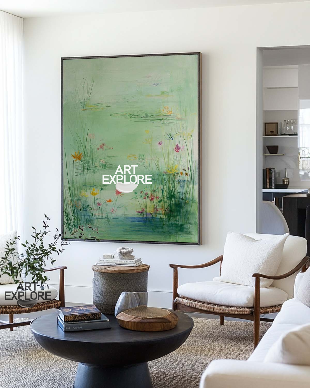 Oversized Wabi-Sabi Lotus Pond Wall Art for Dining Room | Handmade Canvas