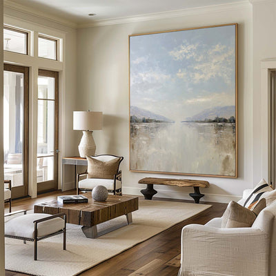 Oversized White Beige Texture Painting Modern Beige Lake View Wall Art Minimalist Fine Art For Sale