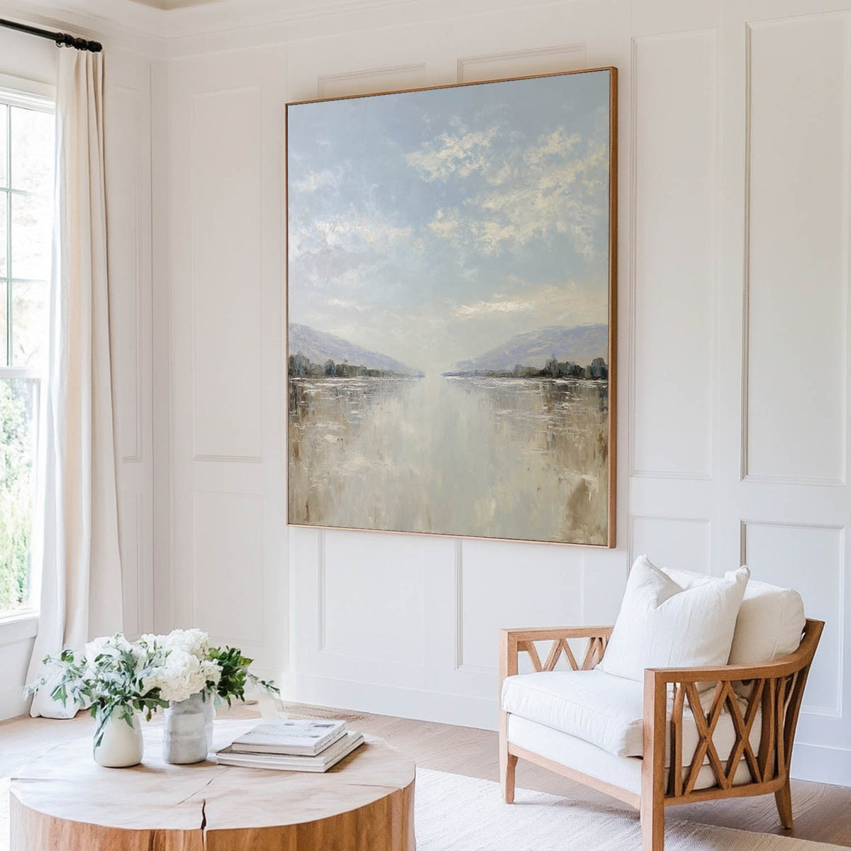 Oversized White Beige Texture Painting Modern Beige Lake View Wall Art Minimalist Fine Art For Sale