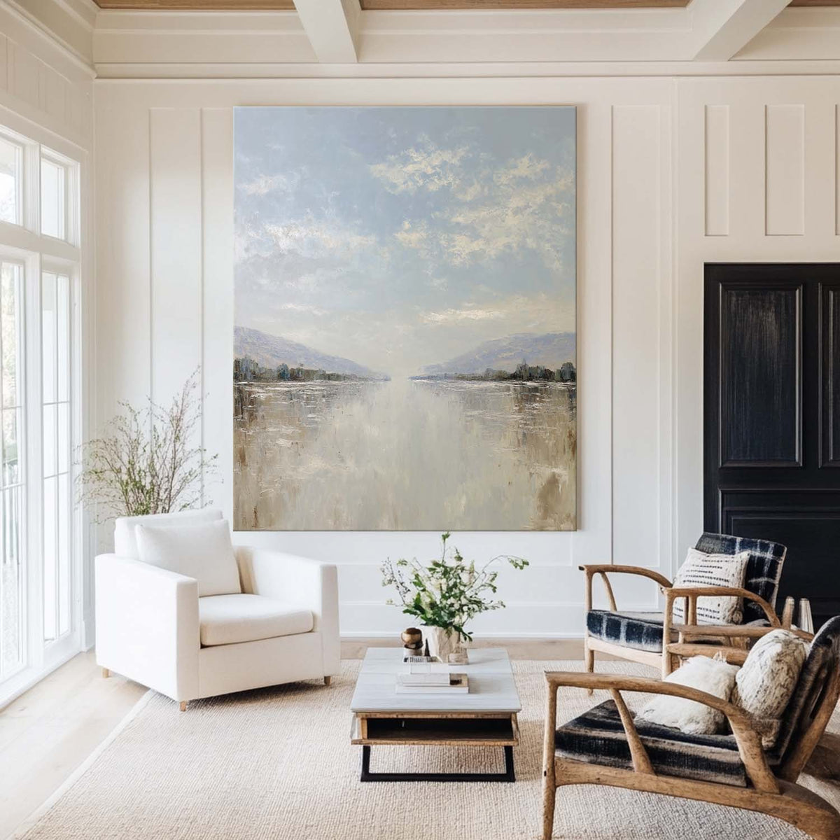 Oversized White Beige Texture Painting Modern Beige Lake View Wall Art Minimalist Fine Art For Sale