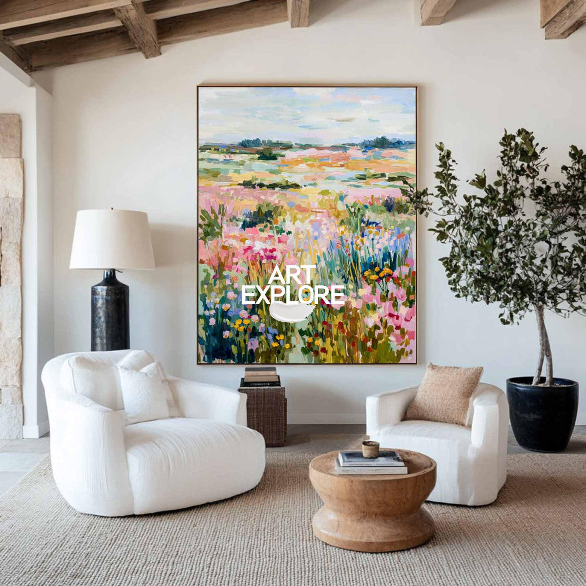 Pastel Spring Horizon: Textured Impasto Landscape Oil Painting