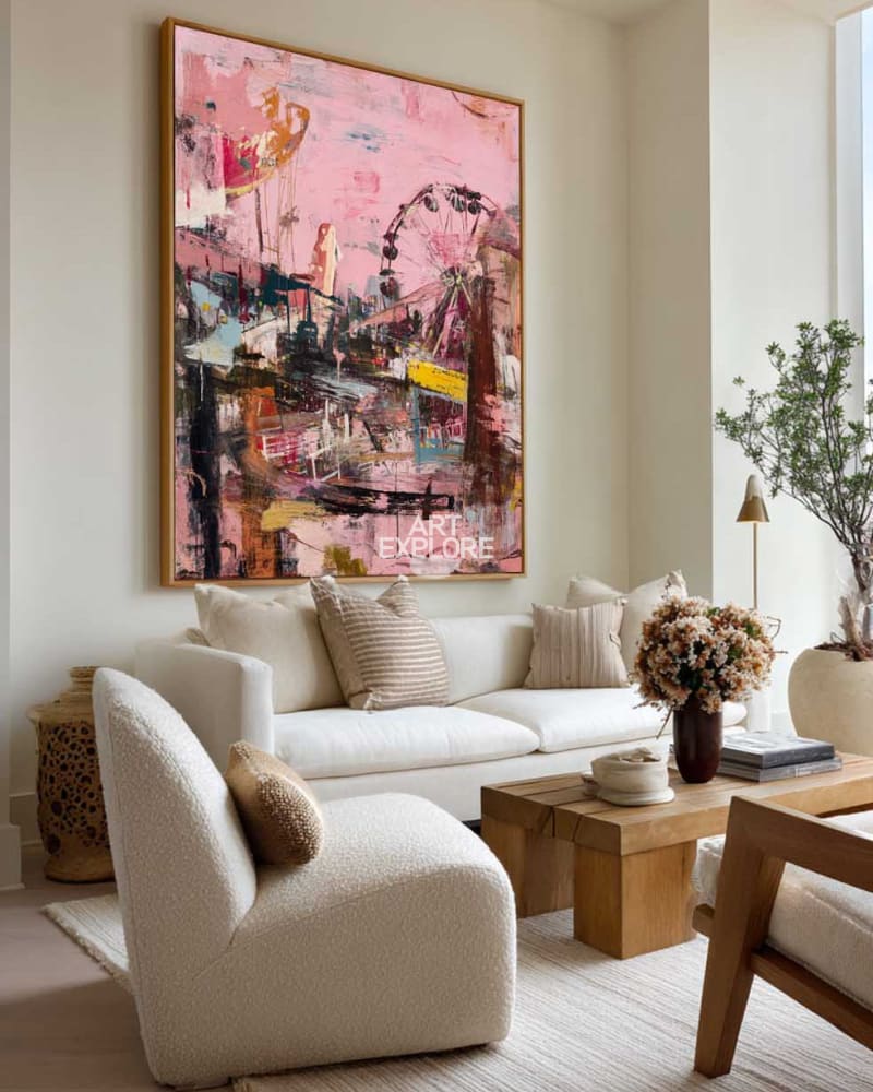 Pink Abstract Park Painting | Joyful Modern Graffiti Vertical Wall Art ArtExplore