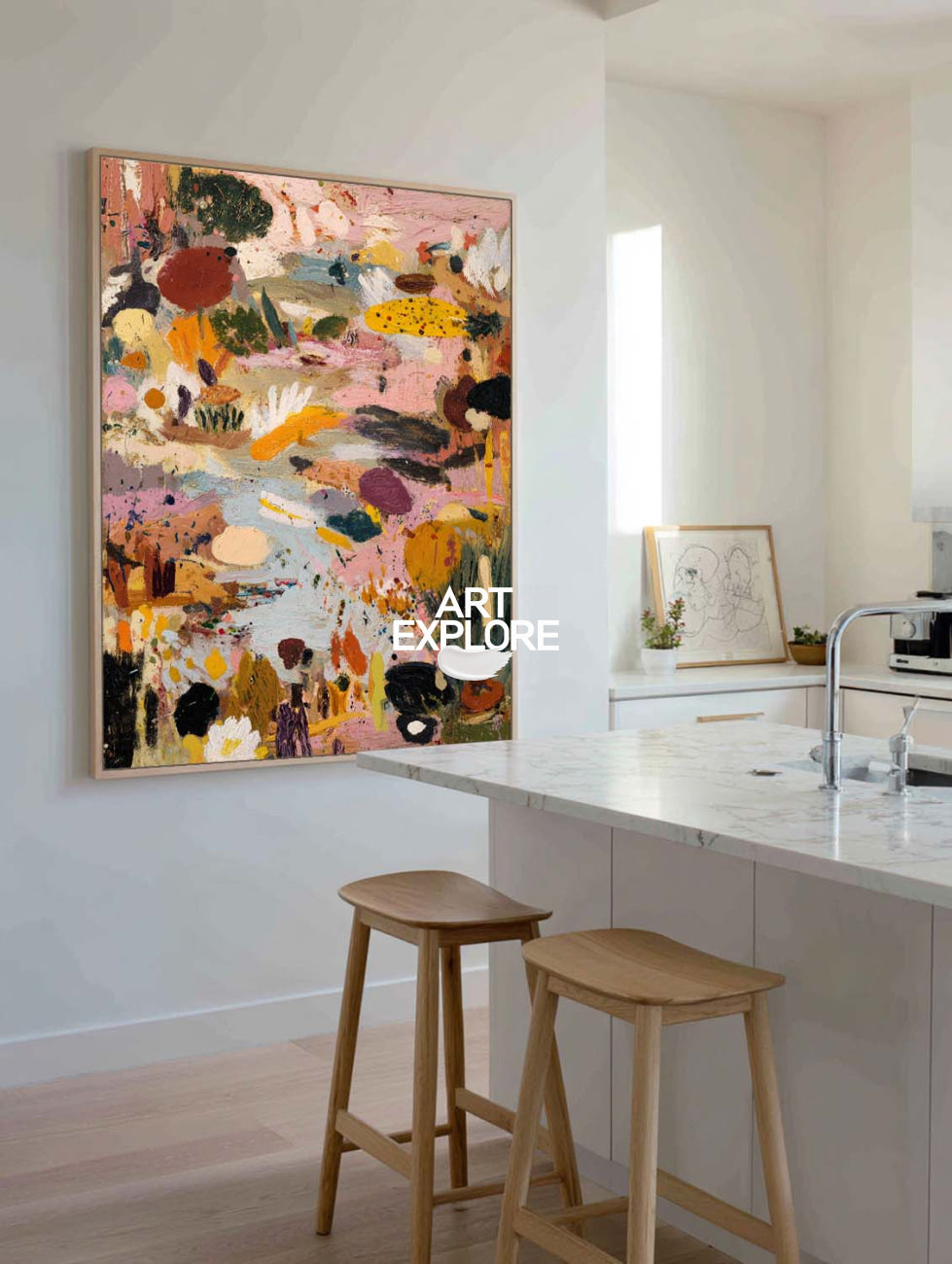 Pink Garden Landscape Wall Decor, Large Handmade Textured Minimalist Canvas ArtExplore