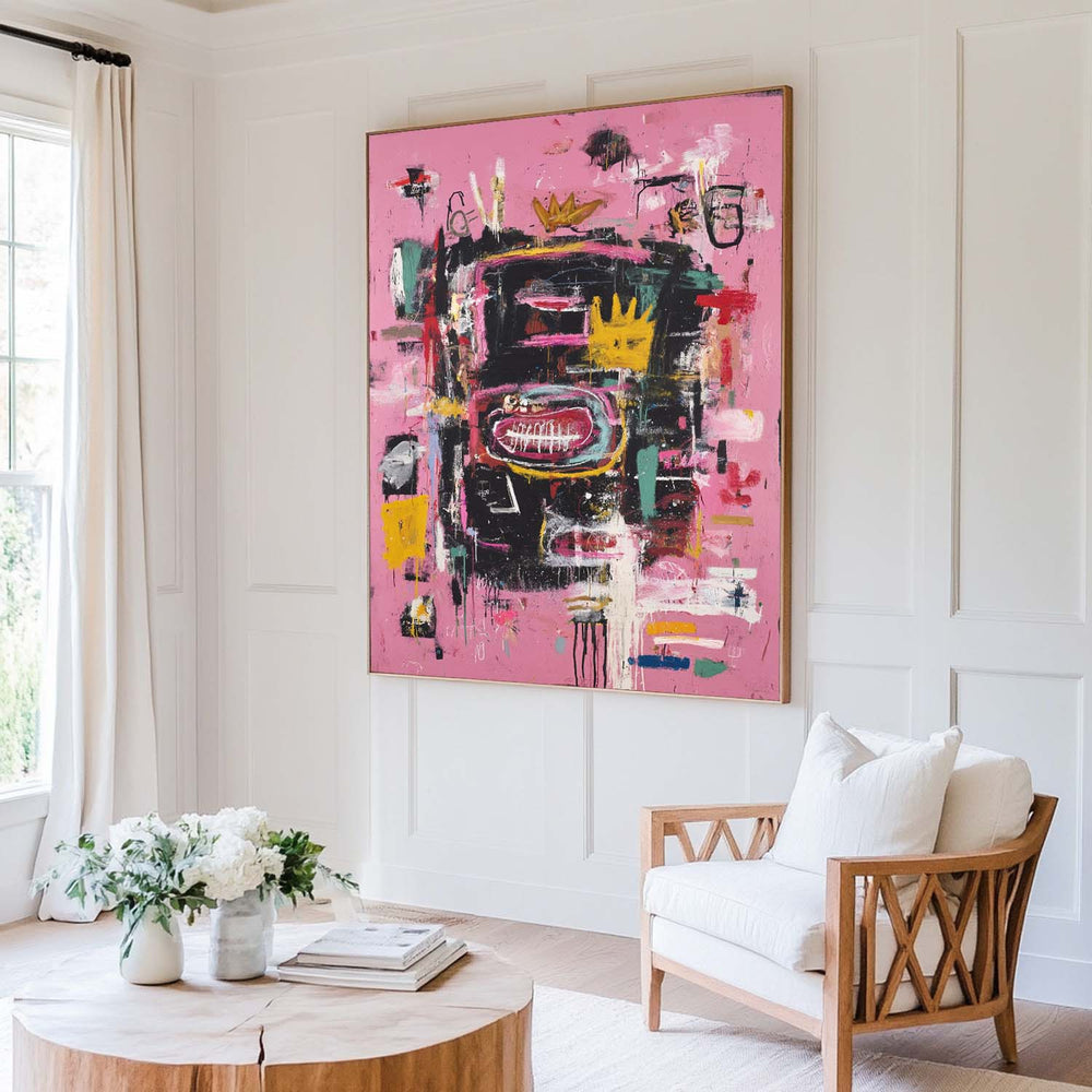 Large Pink Wall Art Abstract Graffiti Painting Jean-Michel Basquiat Abstract Graffiti Art Street Artwork