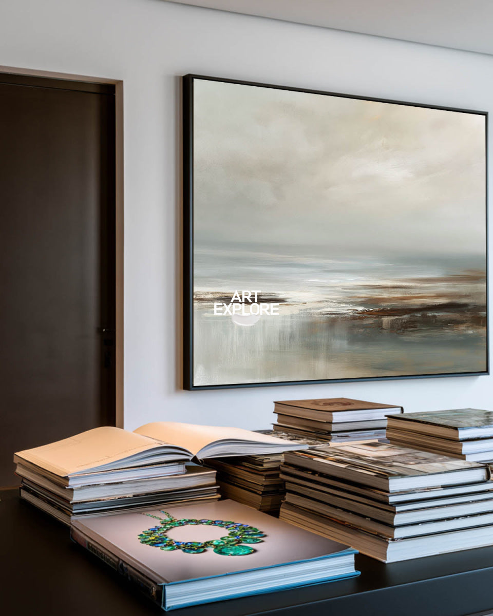 Wabi Sabi Coastal Landscape Painting In Grey And Beige For Modern Living Room Decor