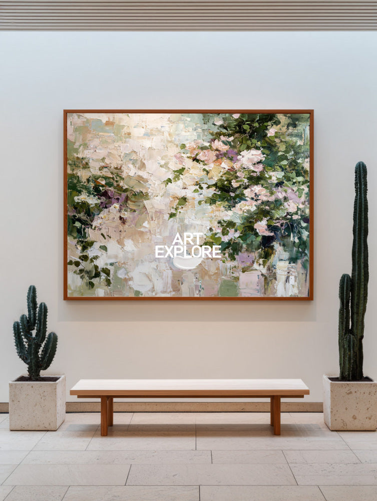 Romantic Floral Abstract Painting Large Pink Rose Garden Canvas Art