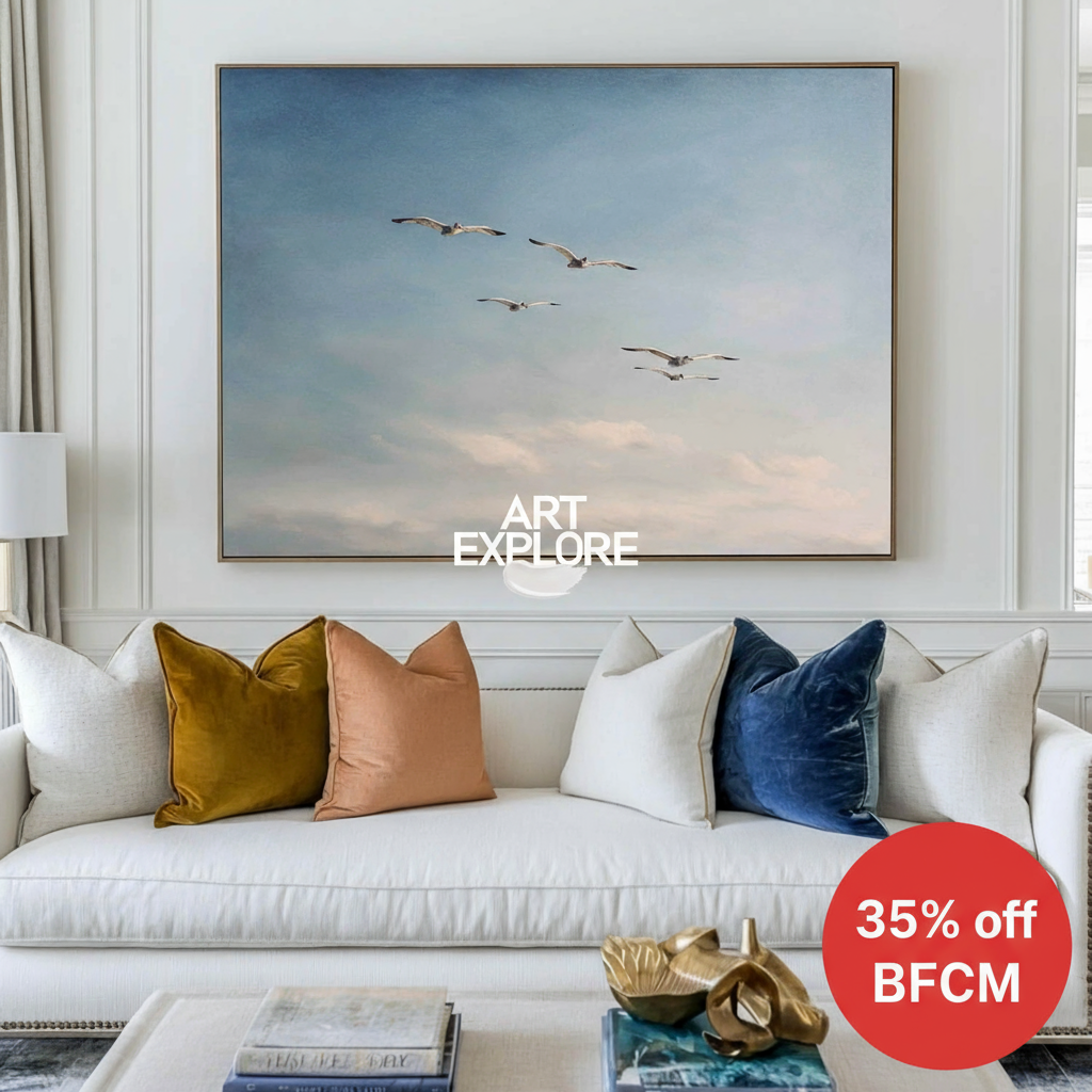 Seagulls in Sky Oil Painting | Coastal Wall Decor for Living Room | ArtExplore