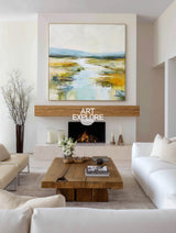 Serene Blue River Landscape Art Large Square Textured Handmade Oil | ArtExplore