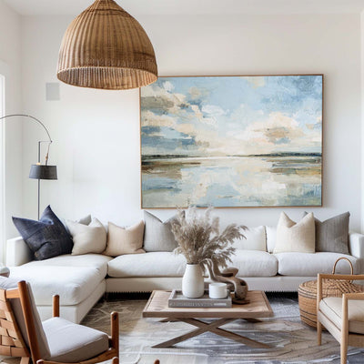 Serene Blue Sky Reflection Painting | Minimalist Oil Wall Art for Dining Room | ArtExplore