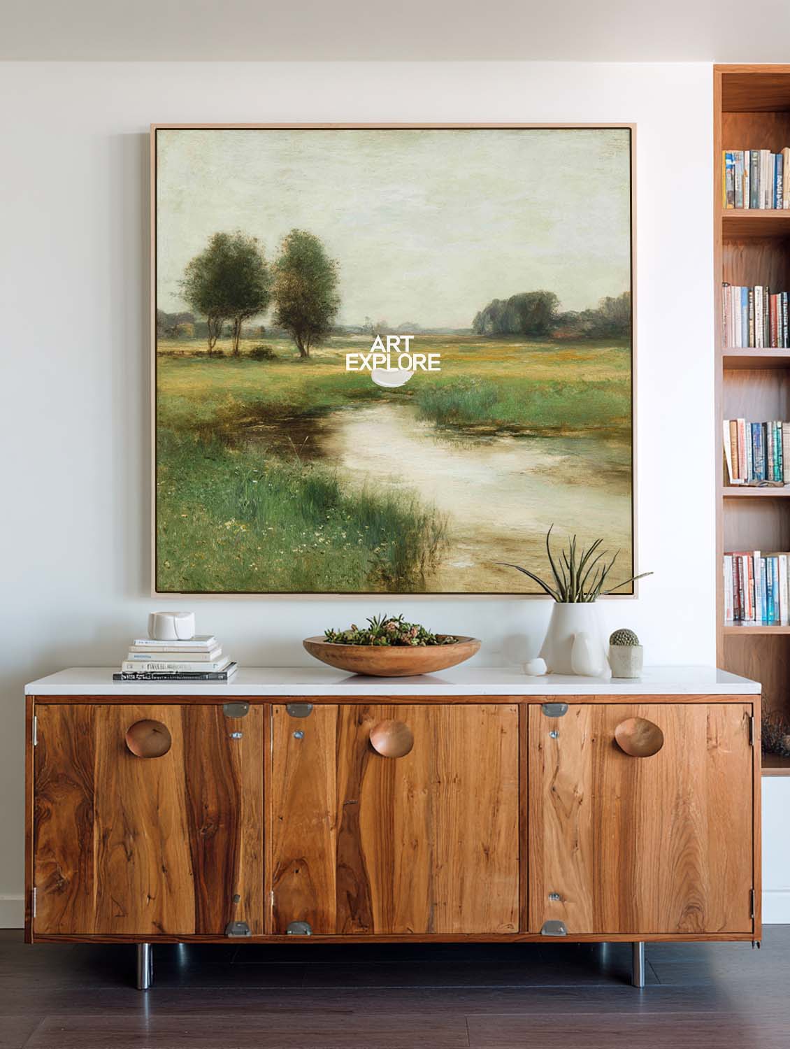 Serene River & Trees Large Landscape Painting – Modern Wall Decor | ArtExplore