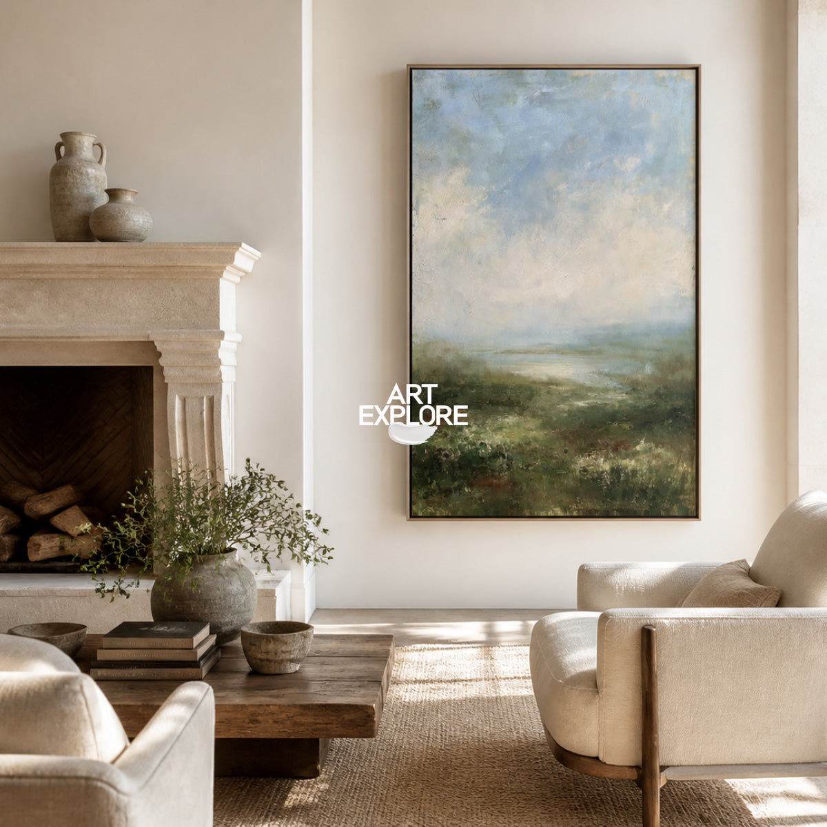 Misty Green Coastal Landscape Hand-Painted Canvas Art For Modern Home