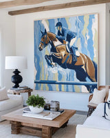 Show Jumping Horse Painting | Blue Texture Equestrian Wall Art Handmade ArtExplore