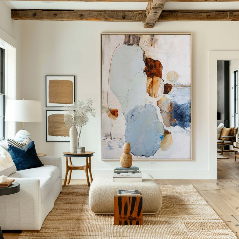 Sky Blue Coastal Abstract Canvas – Handmade Large Vertical Art for Minimalist Home Décor