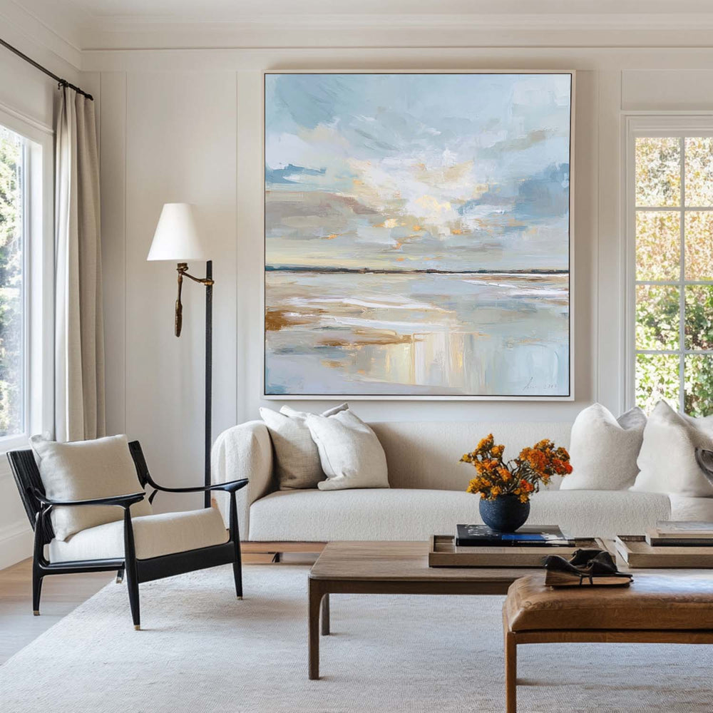 Soft Blue and Beige Abstract Seascape – Large Modern Oil Painting for Spacious Homes