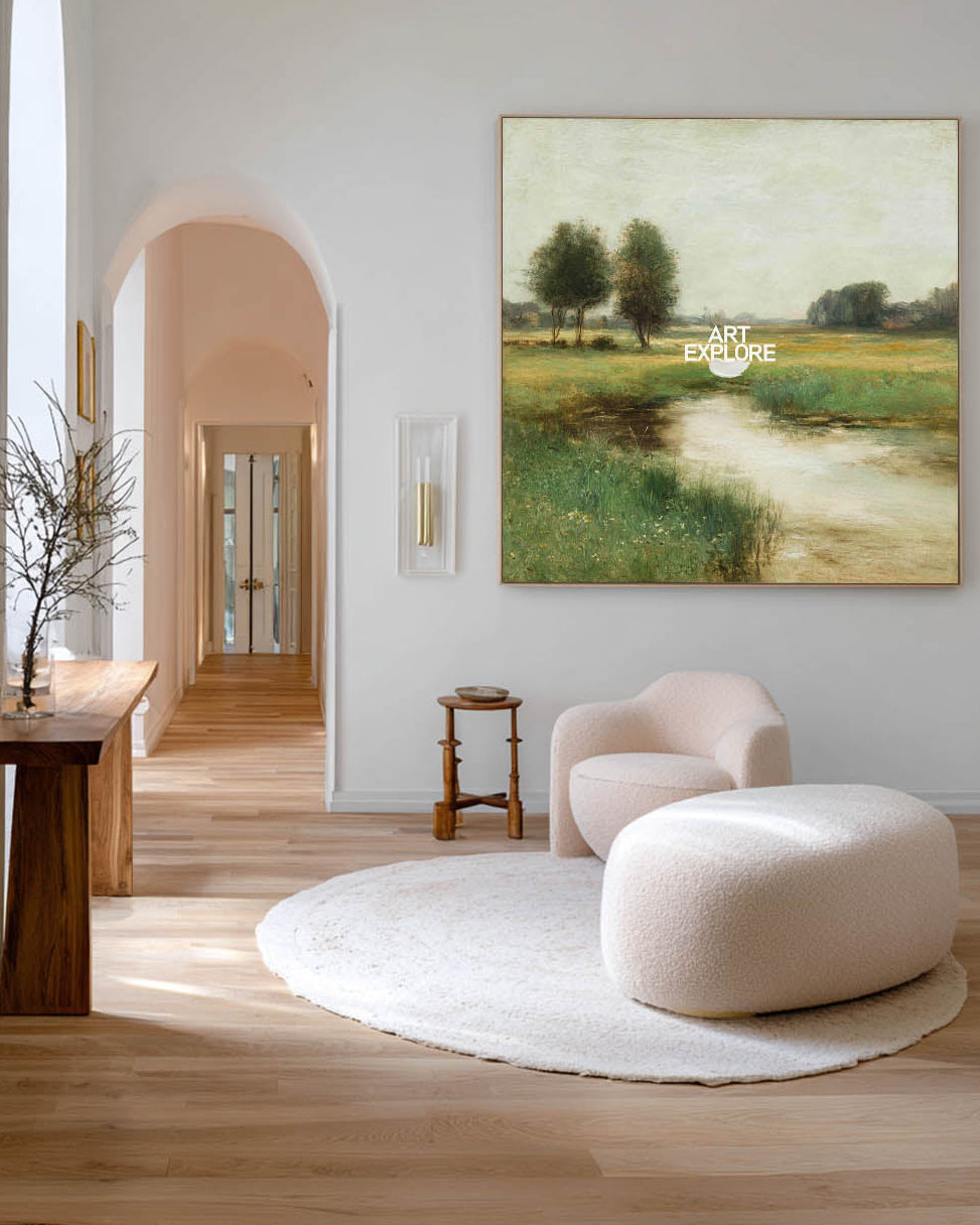 Soft Green Lake View Oil Painting – Modern Home Decor Art | ArtExplore