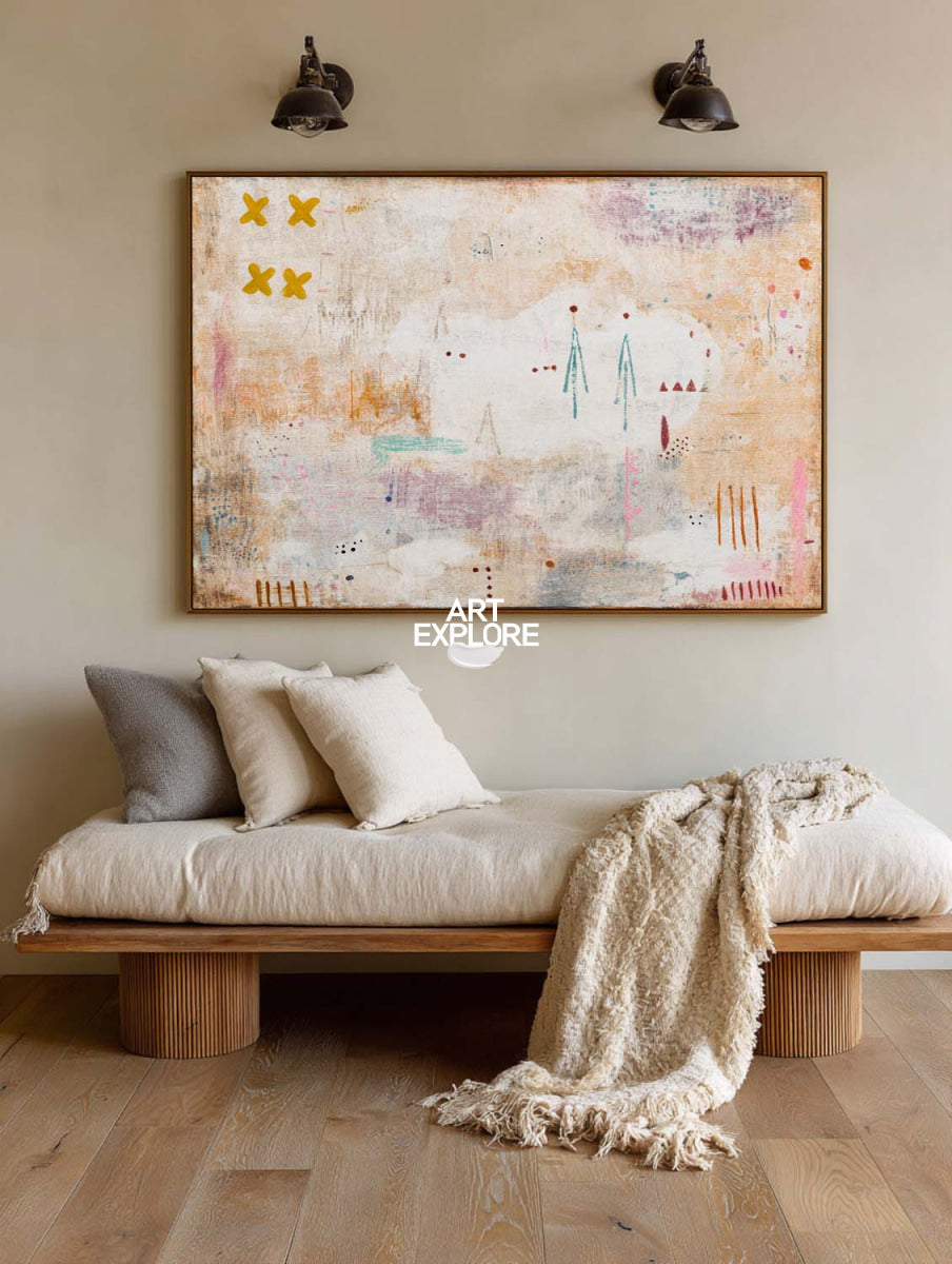 Large Abstract Beige Painting With Pink Accents For Modern Living Room Decor