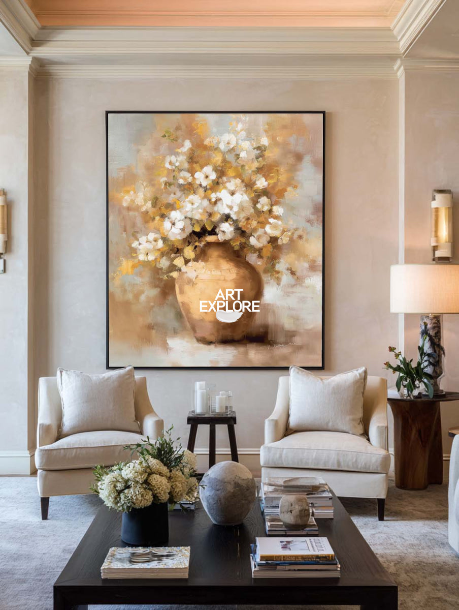 Luxury Abstract Floral Painting Warm Beige Gold Canvas Art For Living Room Decor