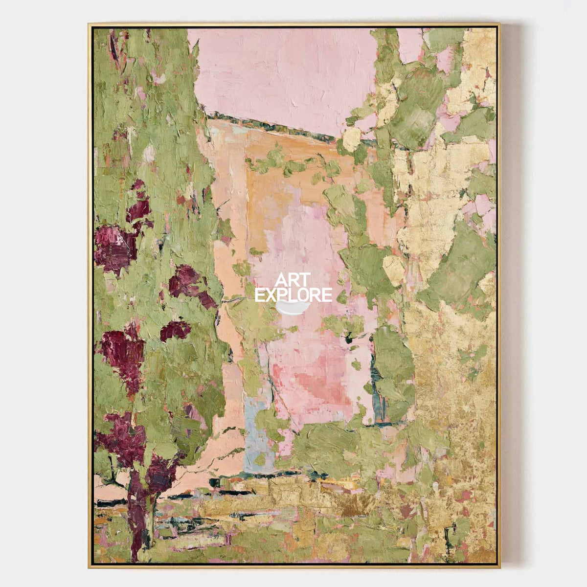 Abstract Garden Landscape Painting Green Pink Hand-Painted Canvas Art