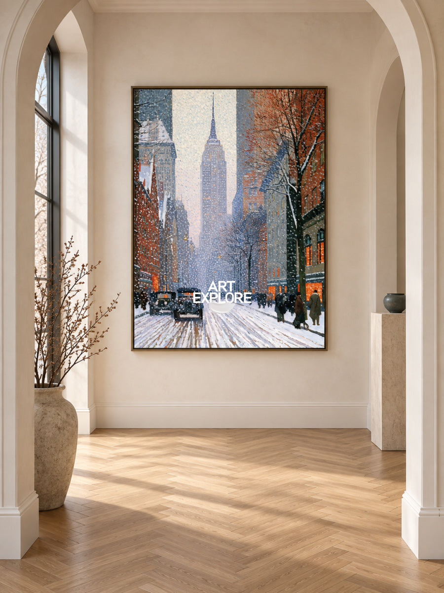 Vintage NYC Snow Street Painting With Empire State Building