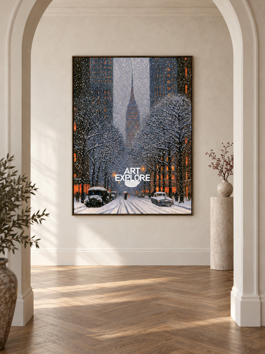 Snowy New York City Painting With Empire State Building Blue Wall Art