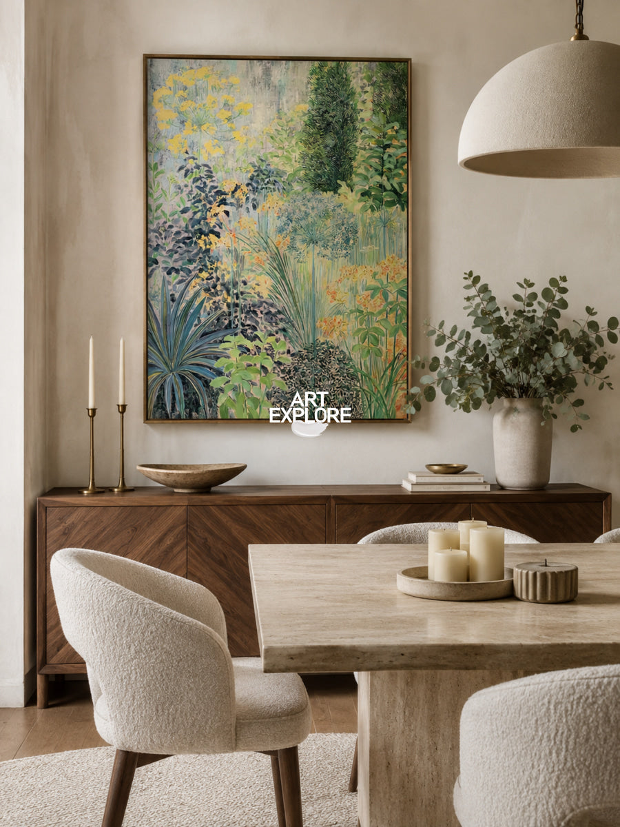 Abstract Botanical Garden Painting Green Yellow Blue Hand-Painted Canvas Wall Art