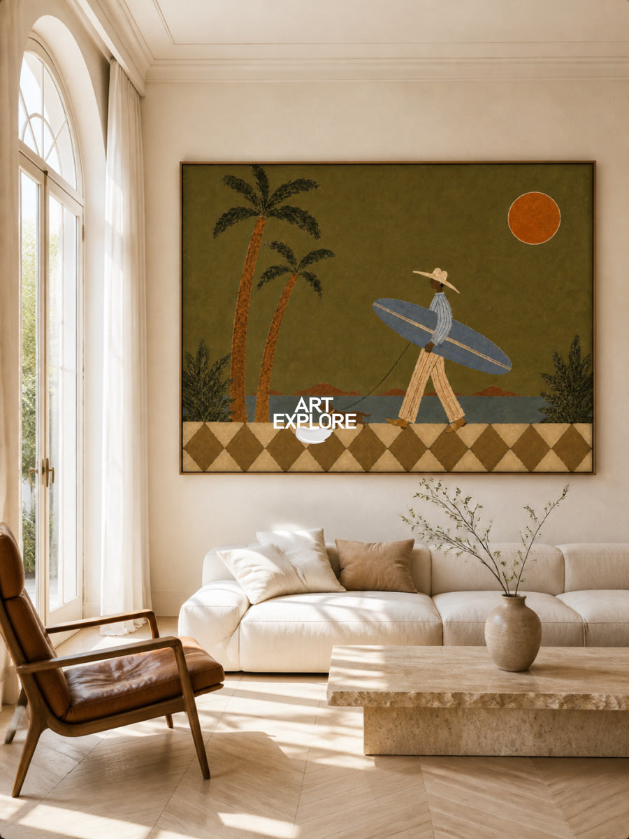 Surfer And Dog Folk Art Canvas Painting Green Coastal Wall Decor