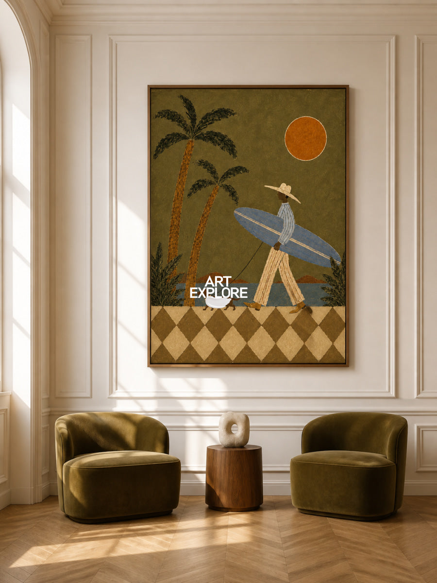 Green Folk Art Canvas Painting Retro Surfer Scene Handmade Decor