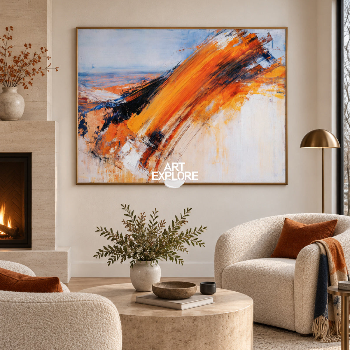 Modern Abstract Wall Art With Orange Blue For Living Room Decor
