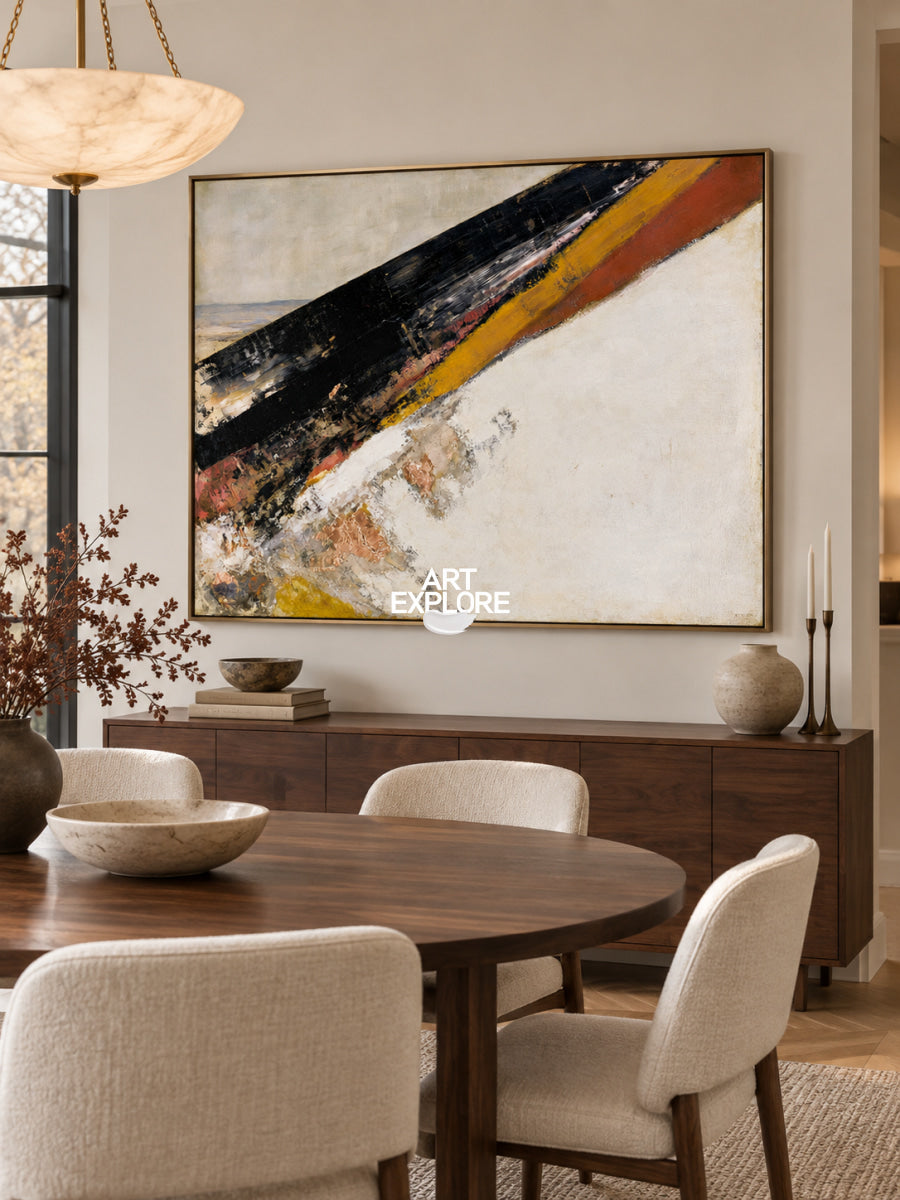 Abstract Black And Beige Canvas Painting With Gold Accents For Modern Walls