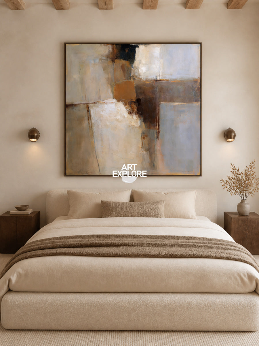 Abstract Beige And Blue Square Canvas Painting Hand-Painted Wall Art