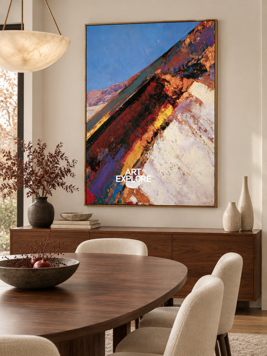 Colorful Abstract Landscape Canvas Painting With Red And Blue Tones