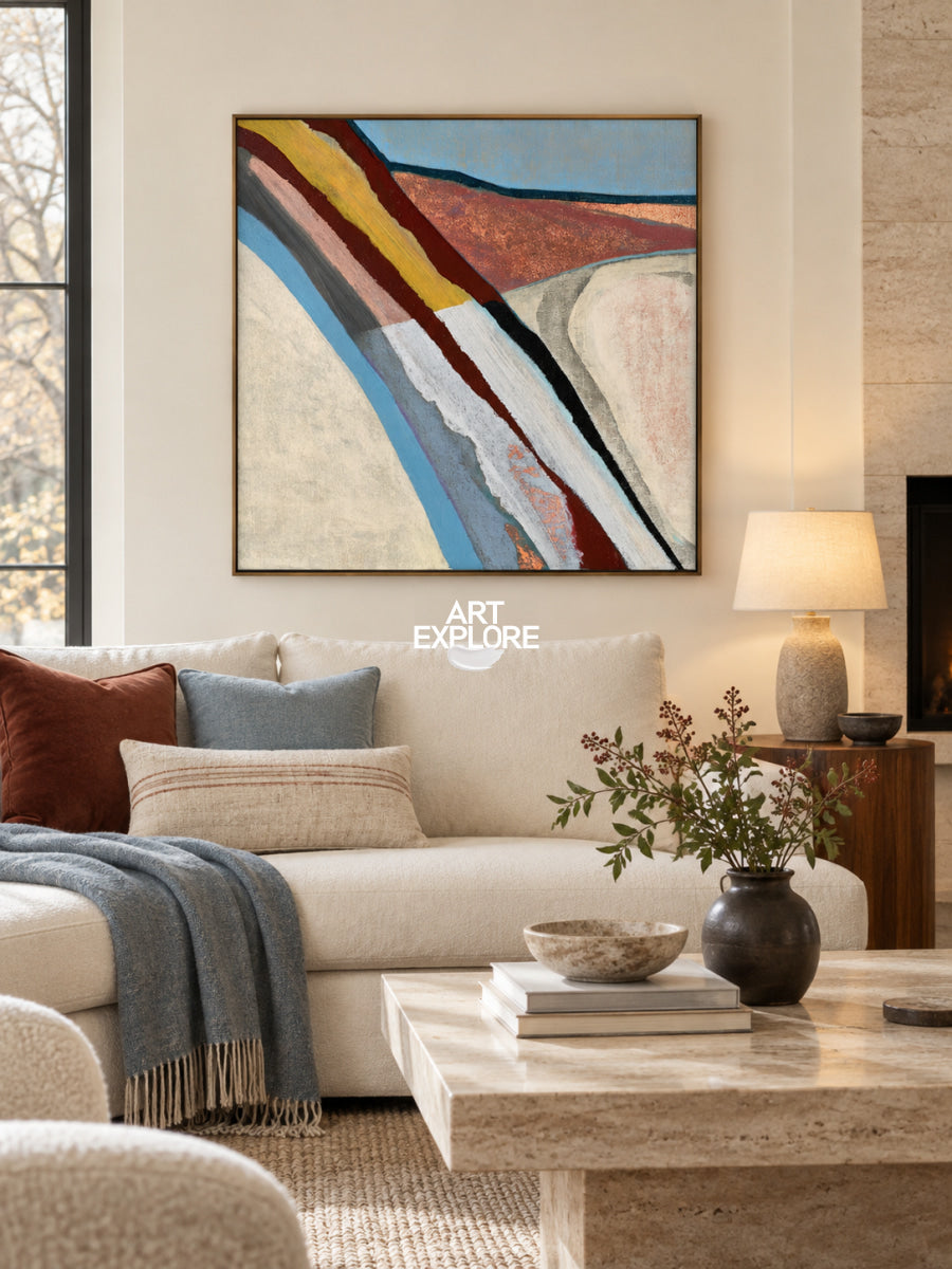 Minimalist Abstract Art Canvas With Colorful Geometric Landscape Design