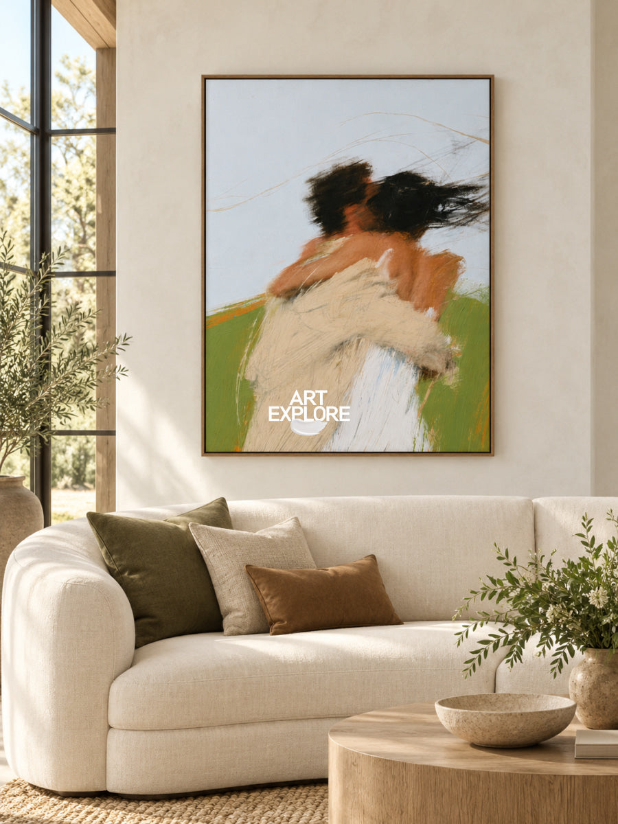 Abstract Couple Embrace Minimalist Canvas Painting In Beige And Brown