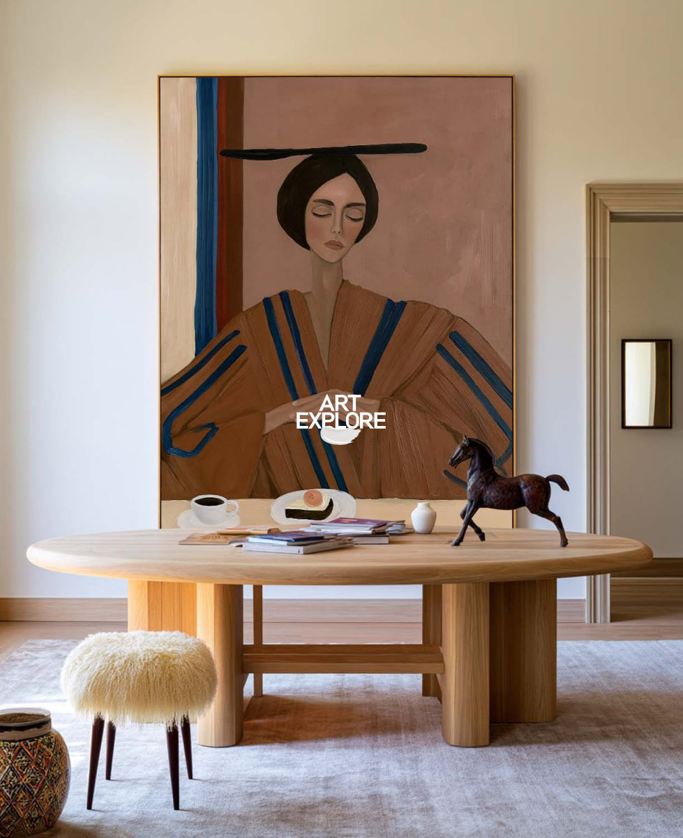 Modern Elegant Woman Portrait Canvas Painting In Brown And Blue Tones