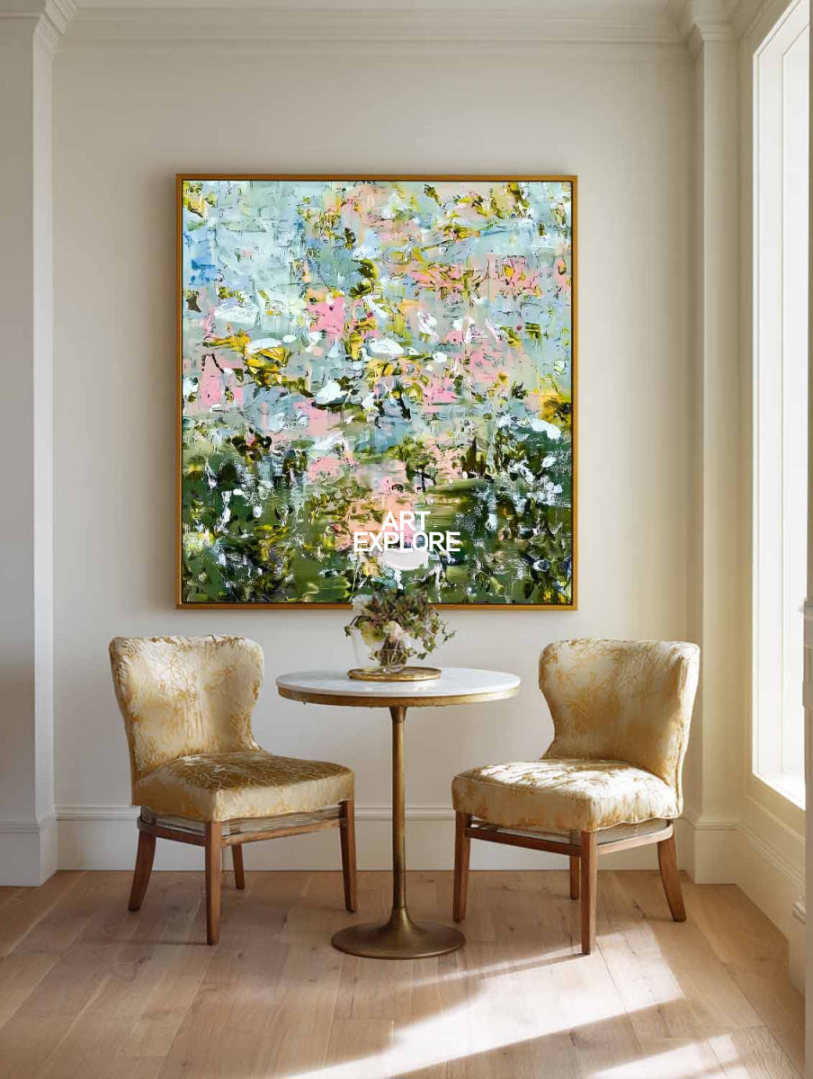 Abstract Floral Canvas Painting With Green And Pink Hues For Modern Home Decor